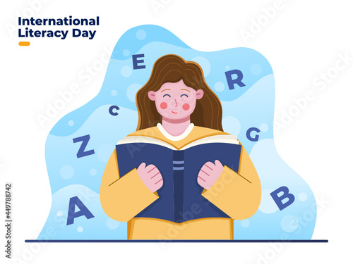 International literacy day illustration with happy woman reading the book, Celebrate international literacy day on 8 September. Can be used for greeting card, banner, poster, flyer, web.