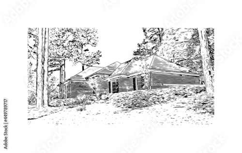 Building view with landmark of Jackson is the capital city in Mississippi. Hand drawn sketch illustration in vector.
