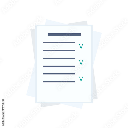 Contract, agreement form. Paper document. Survey, questionnaire or test page with green check mark. The concept of a quiz, exam, assignment. Icon for financial business document or contract. Vector 