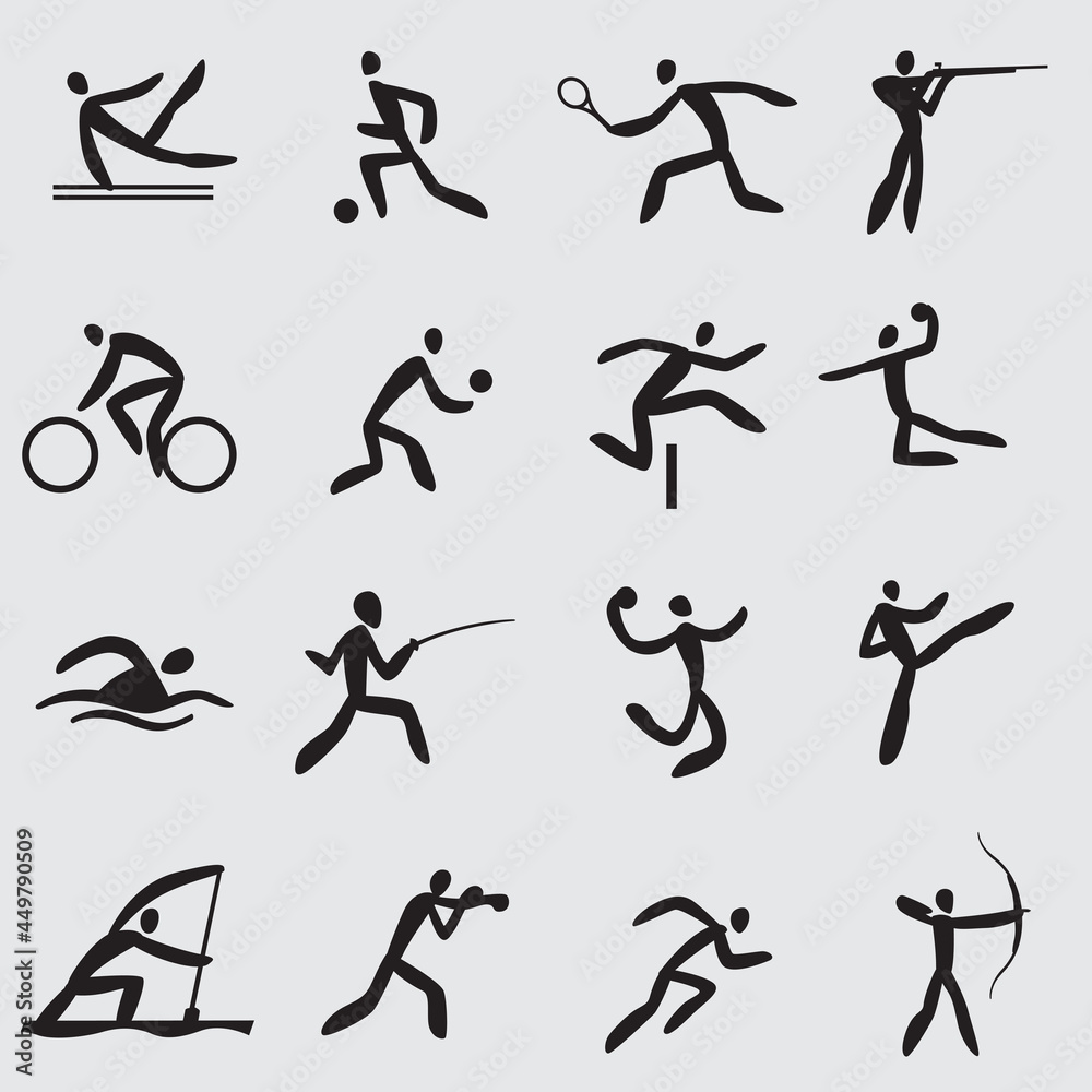 Sports icons, sports. Summer sports. Gymnastics, archery, cycling, fencing, boxing and others. Silhouettes of humanoids