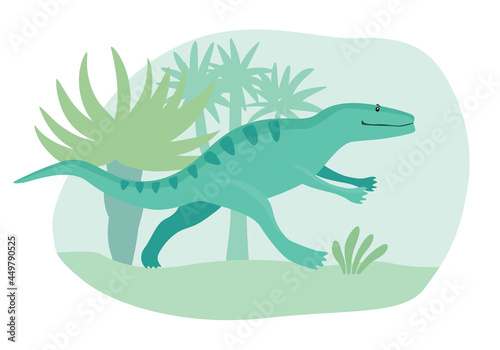 Turquoise cartoon cute dinosaur running through primeval forest. Vector graphics