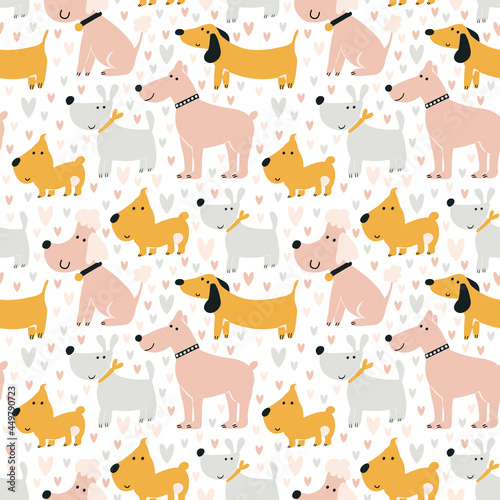dogs pattern. Cute seamless print. Background for printing on fabric, digital paper. Universal design for decorating children's photo albums, theme parties. Vector illustration, hand-drawn