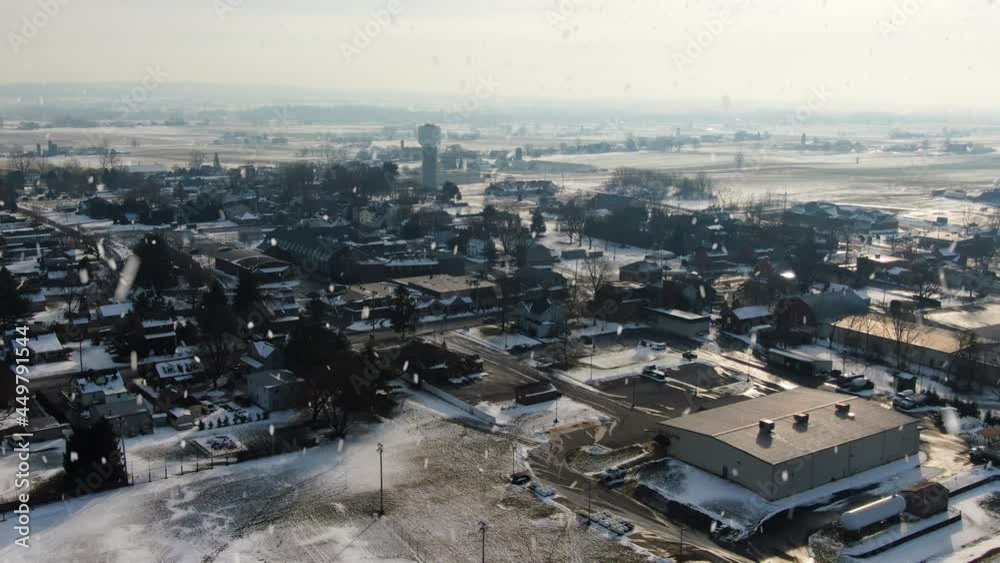 AERIAL Snow Falls Over American Township On Grey Winter Day AERIAL Snow Falls Over American Township On Grey Winter Day