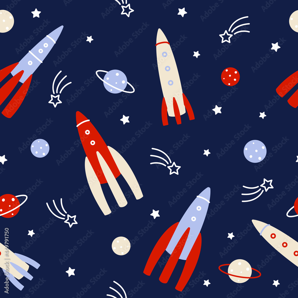 Space and rockets in shades of navy blue and red