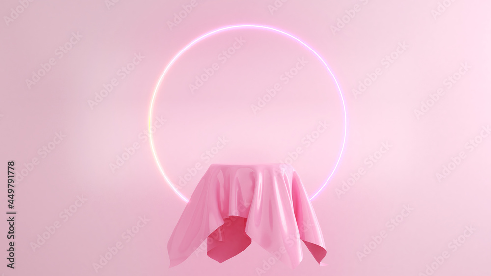 Pink tablecloth with pink back wall neon light,mockup stand for product presentation,3d rendering Pink tablecloth with pink back wall neon light,mockup stand for product presentation,3d rendering
