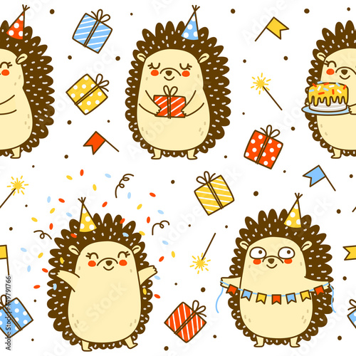 Seamless pattern with cute hedgehog isolated on white - cartoon background for happy Birrthday wrapping design photo