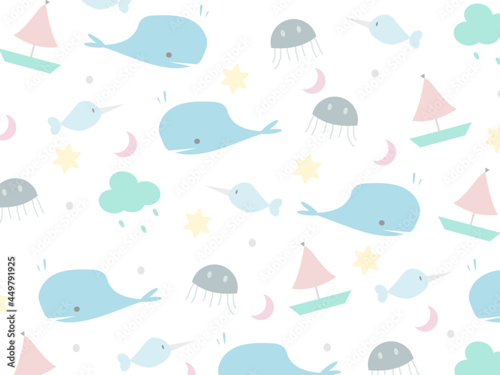 Vector seamless pattern with a cute whale on a white background. Animal character illustration 