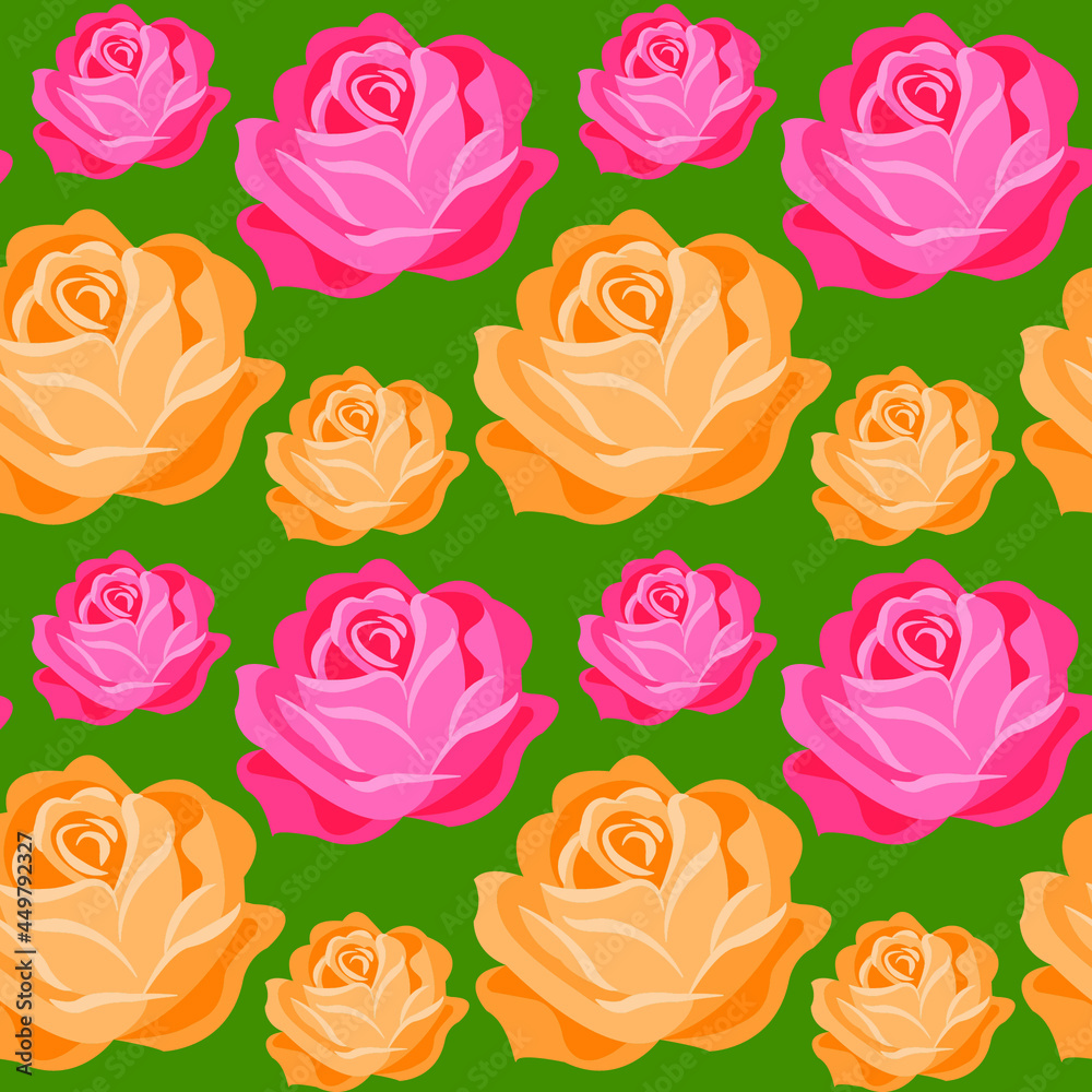 Beautiful flowers yellow and red on a green background, texture for design, seamless pattern, vector illustration