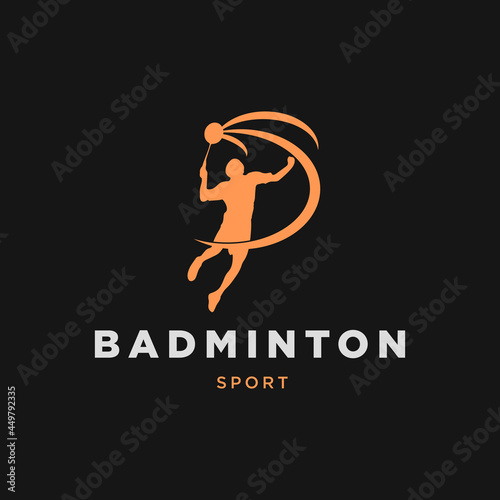 Jump badminton player logo orange silhouette color on black background. Badminton logo minimal vector illustration