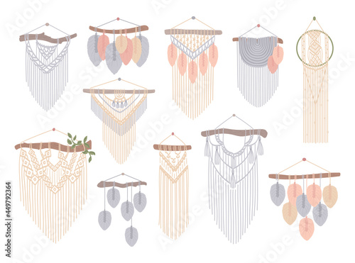 Set of macrame wall hangings. Boho style cord wall decor. Handmade knitted decoration, diy handcraft. Hand drawn vector illustration in flat style. Isolated background. photo