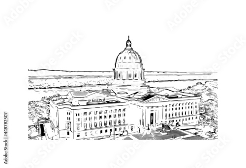 Building view with landmark of Jefferson is the 
city in Missouri. Hand drawn sketch illustration in vector.