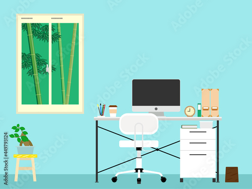 東京郊外の仕事部屋には快適なパソコンデスクとチェアがあり窓からは隣の爽やかな竹林が見えています。