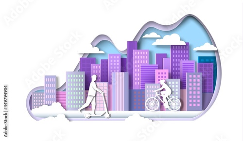 Man and woman riding electric kick scooter, bicycle, vector paper cut illustration. Modern vehicle, eco city transport.