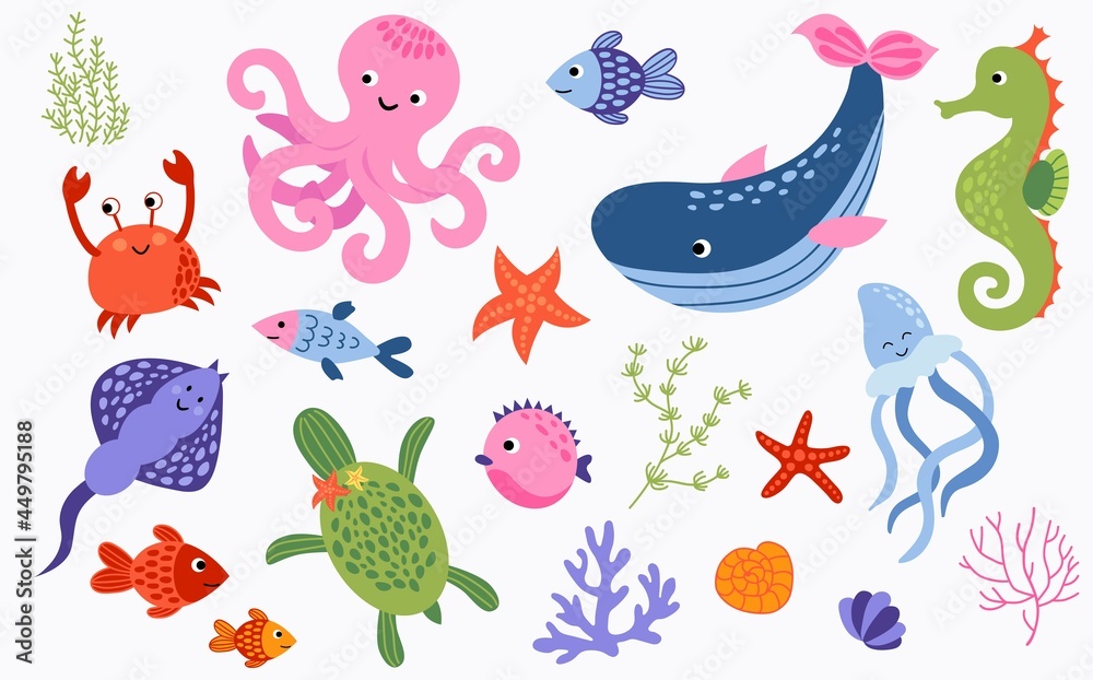 Hand-drawn set of inhabitants of the underwater world. White background, isolate. Vector illustration. Hand-drawn set of inhabitants of the underwater world. White background, isolate. Vector illustration.