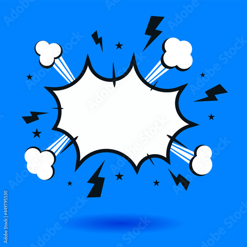 Frame, illustration, poster in pop art comic style with vintage elements of clouds, silhouettes of lightning and stars. Explosion, bubble, dialogue, thought. Isolated on a blue background with a shado