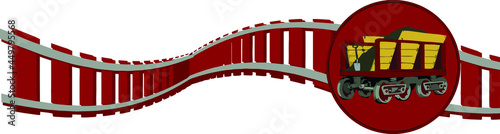 This design features a red coal car on top of a curvy railroad track. 