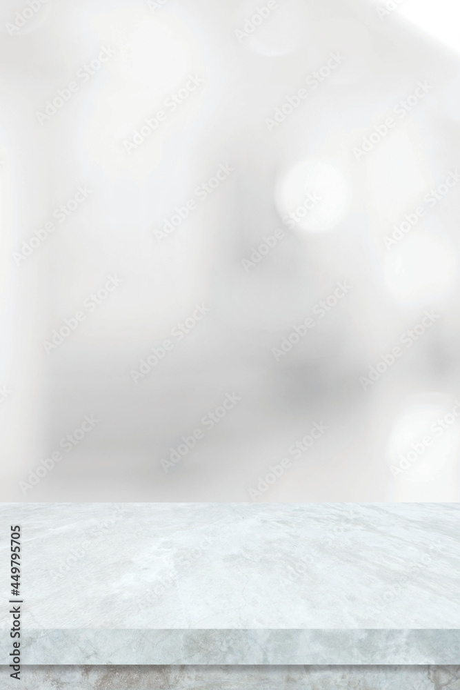 Empty white table top, counter, desk background over blur