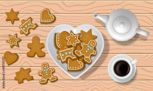 Gingerbread cookies, coffee on wooden table, vector illustration. Ginger bread man biscuit, traditional Christmas pastry