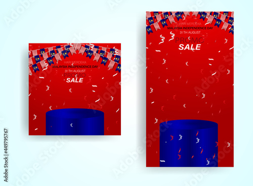 Malaysia indepedence day background. 31 August with podiums and flag confetti for sales promotion social media template, vector background photo
