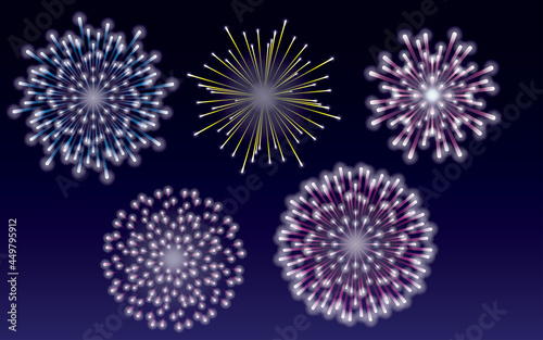 Realistic firework bursting in various shapes set. sparkling pictograms set on night sky background abstract vector illustration