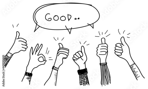 doodle hands up set. thumbs up hand drawn with speech bubble "good". isolated on white background. vector illustration