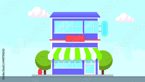 Fototapeta Naklejka Na Ścianę i Meble -  Shop building facade with big window and awning. Vector shop or market, illustration background. Store building on town street, flat cartoon shop facade front view.
