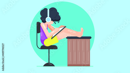 A girl is sitting on chair puted her leg on table, wearing headphones, working on tab. Isometric girl designer working with graphic tablet vector illustration. 