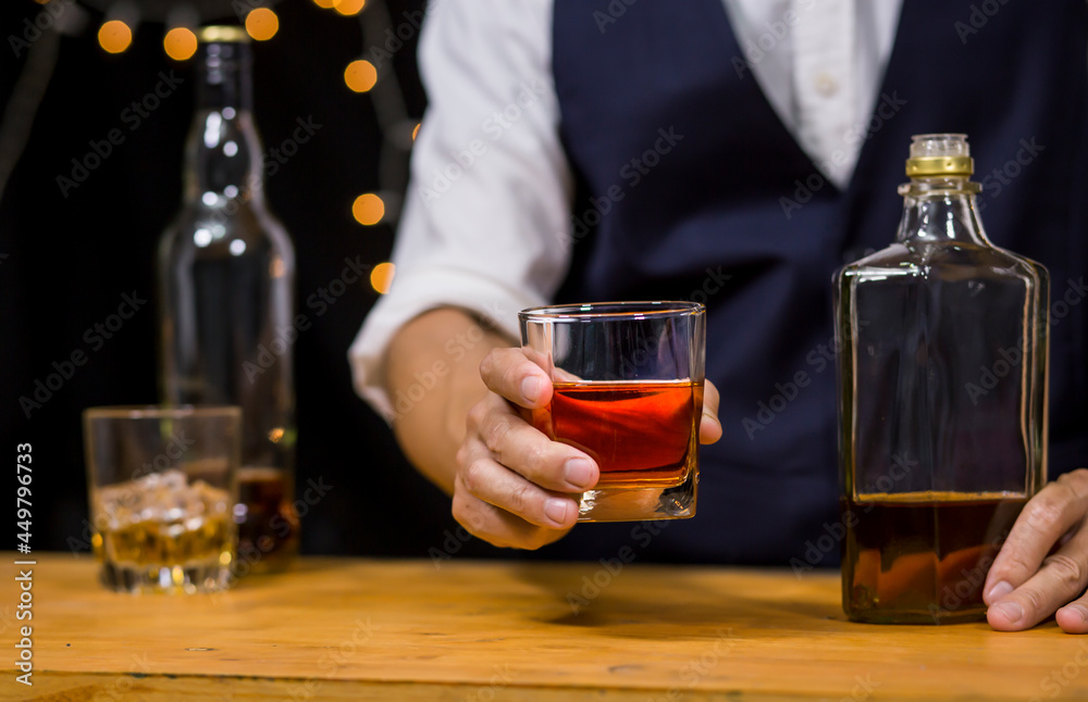 Bartender Serve Whiskey, on wood bar, 