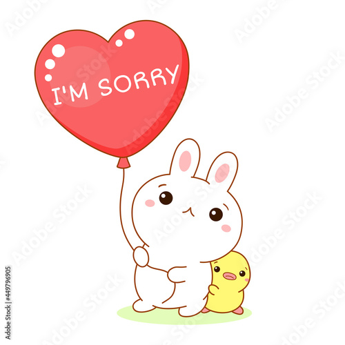 Unhappy kawaii bunny and duckling with heart-shaped balloon. Inscription I'm sorry