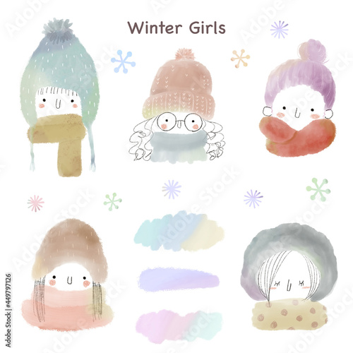 Abstractive winter girls painting with watercolor and pencil.