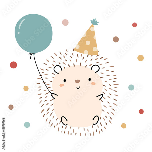 Cute and whimsical hedgehog character with party hat and aqua blue balloon. Cartoon style simple vector illustration.