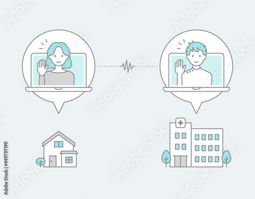 病院にいる医師が自宅にいる女性とビデオ通話でオンライン診療をしている、線画アイコン