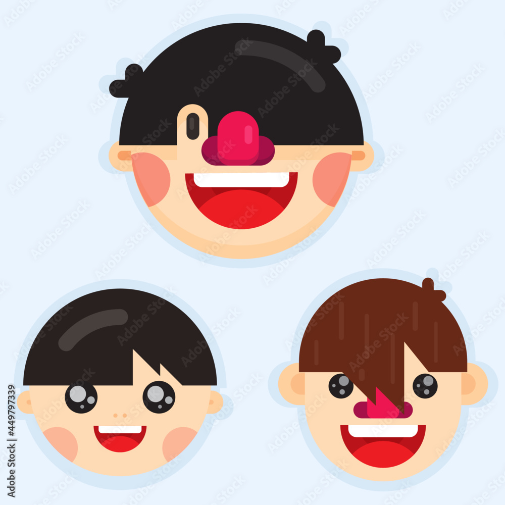 Set of three cute boy faces with different hairstyle. Flat style vector illustration. Set of three cute boy faces with different hairstyle. Flat style vector illustration.