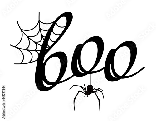 Boo design with spider. Halloween greeting with spider web. Good for  greeting card decoration, poster, and gift design.