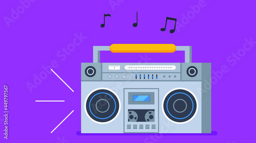 Old fashioned music player, ghetto blaster boombox radio. Flat style cassette player and tape recorder vector illustration.