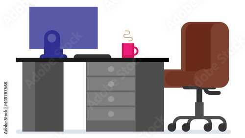Home or office desk with pedestal drawer, castors chair, computer and coffee cup. Flat style work table vector illustration isolated on white background