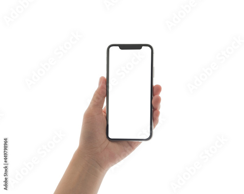 close up hand hold phone isolated on white, mock-up smartphone white color blank screen