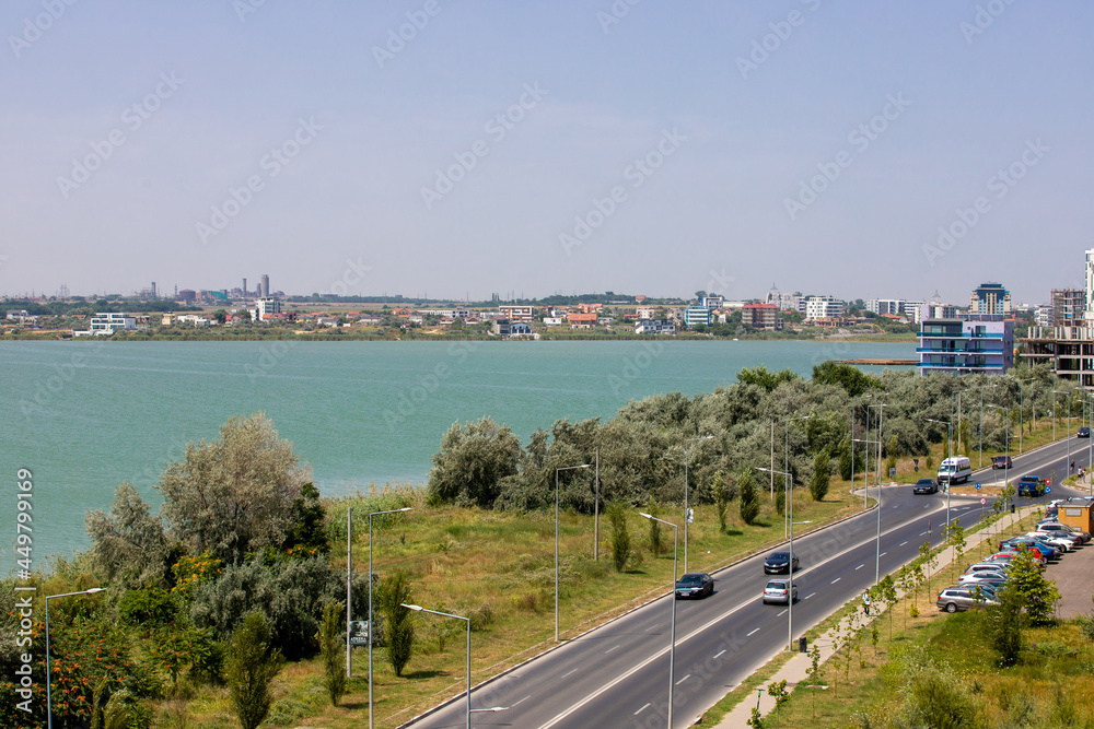 Landscape with the boulevard in Mamaia resort and Siutghiol lake - Romania