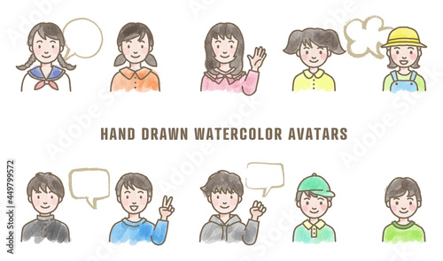 Set of hand drawn vector avatars  watercolor illustration of kids faces