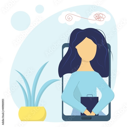  Vector illustration in flat simple style - online psychological help and support service. Online therapy concept. Psychological counseling concept. Girl psychologist in the phone.