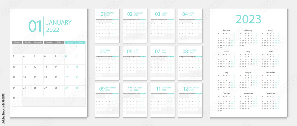 Calendar 2022, calendar 2023 week start Monday corporate design template vector.	
