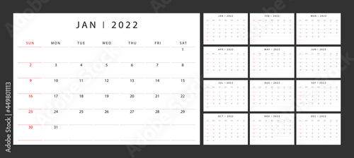 Calendar 2022 week start Sunday corporate design planner template. 