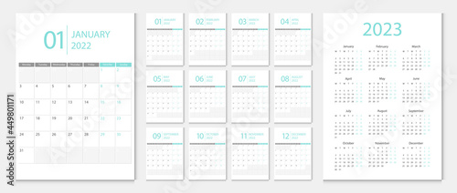 Calendar 2022, calendar 2023 week start Monday corporate design template vector.	
