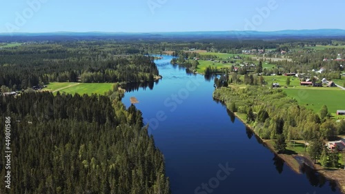 Calm Waters Of The Lake With Lush Vegetation In Appelbo, Dalarna, Sweden - aerial drone shot photo