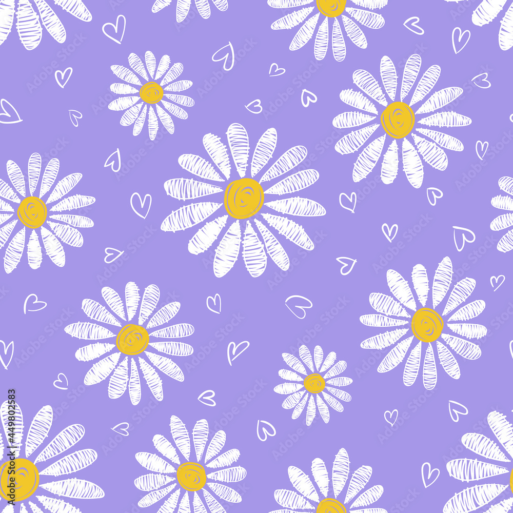 Obraz premium Cute seamless pattern with hand drawn chamomile flowers and hearts isolated on purple background.