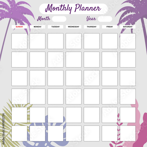 Monthly Planner template vector. Palms floral decoration background. Business notebook management, organizer photo