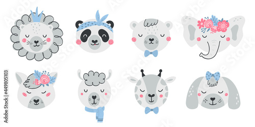 Set of cute animal faces and flowers in flat style. Collection of characters lion, panda, bear, elephant, fox, dog. Illustration animals for kids isolated on white background. Vector