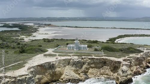 Beautiful sweeping point of interest aerial of the Faro Morrillos Lighthouse perched on the limestone cliffs of Cabo Rojo in Puerto Rico photo
