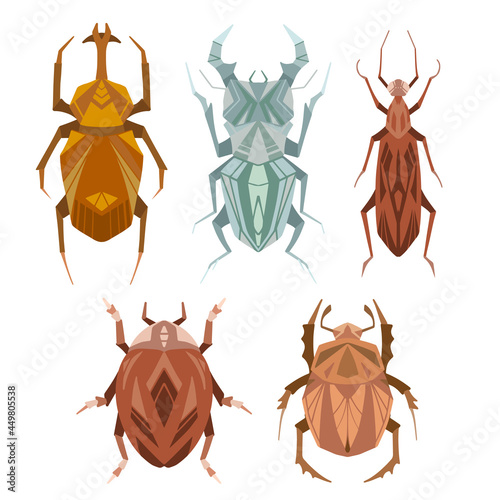 Set of geometric insects with poly decorations. Vector geometrical stag beetle, flying ant, ladybug, bedbug in retro colors. Stylish flat hand drawn bugs