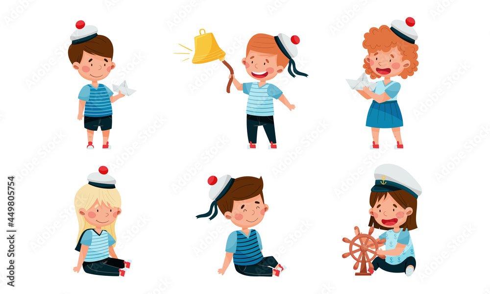 Little Children in Mariner Costume and Forage Cap or Peakless Hat Playing Sailor Vector Illustration Set Little Children in Mariner Costume and Forage Cap or Peakless Hat Playing Sailor Vector Illustration Set